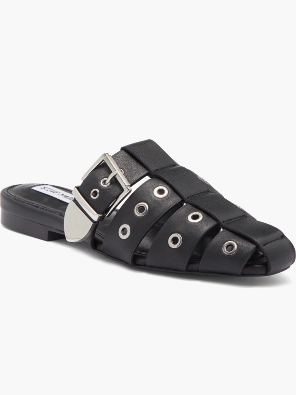 Steve Madden Black Leather Grommet Buckle Slide Mule
